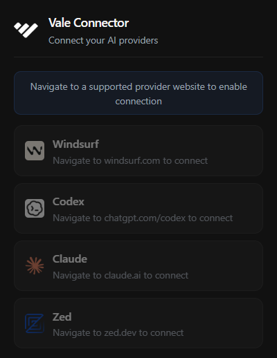 Vale Connector popup listing supported providers