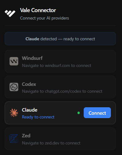 Vale Connector showing a provider detected and ready to connect