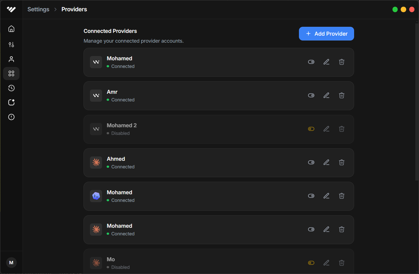 Connected providers settings